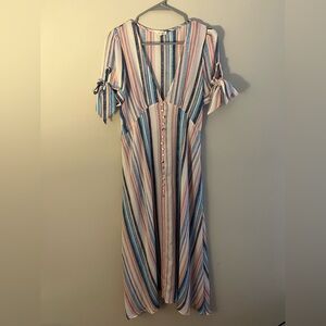En Creme Blue and Pink Striped Midi Dress